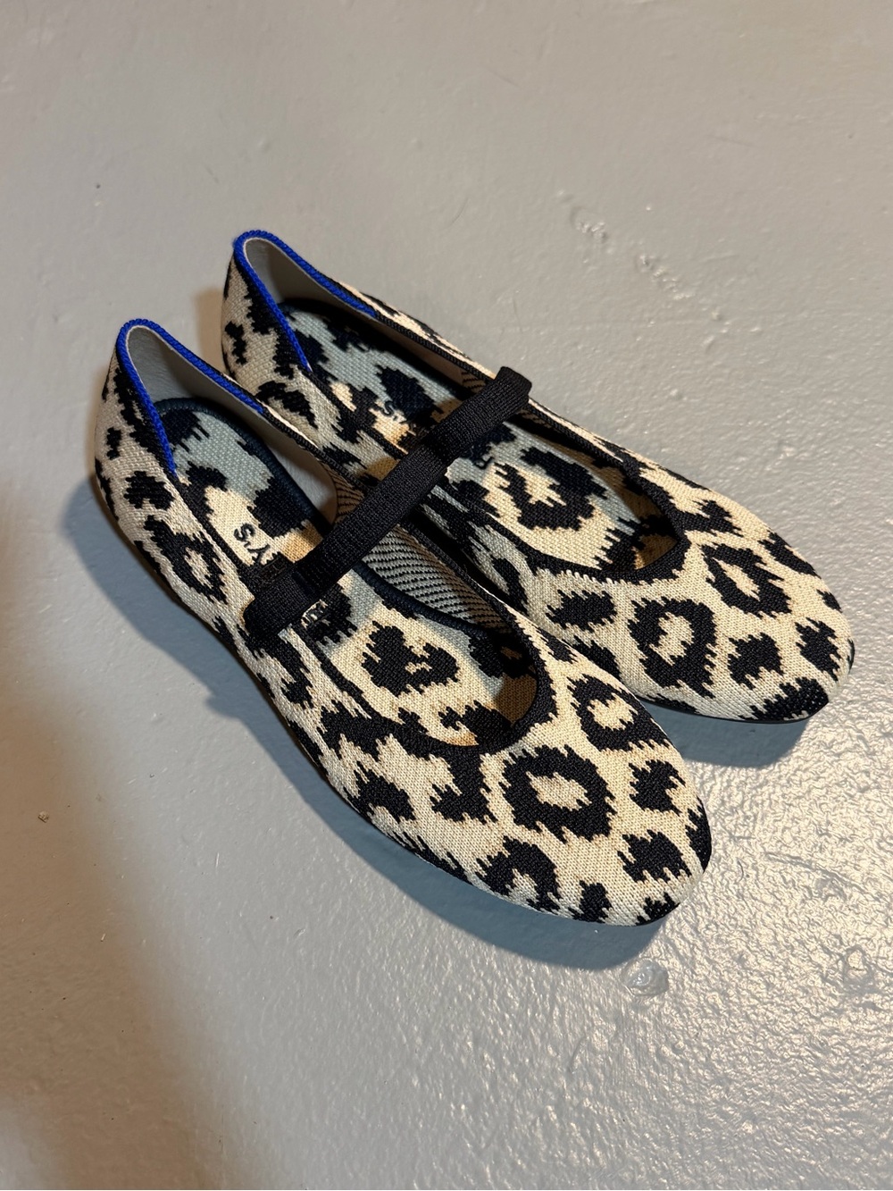 Rothy's Black and Cream Leopard Knit Mary Jane Flats
